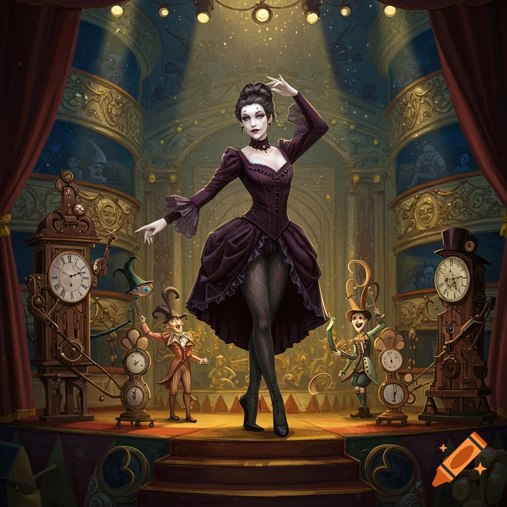 A performer on a stage surrounded by antique clocks and automata in a dark cabaret or circus setting.