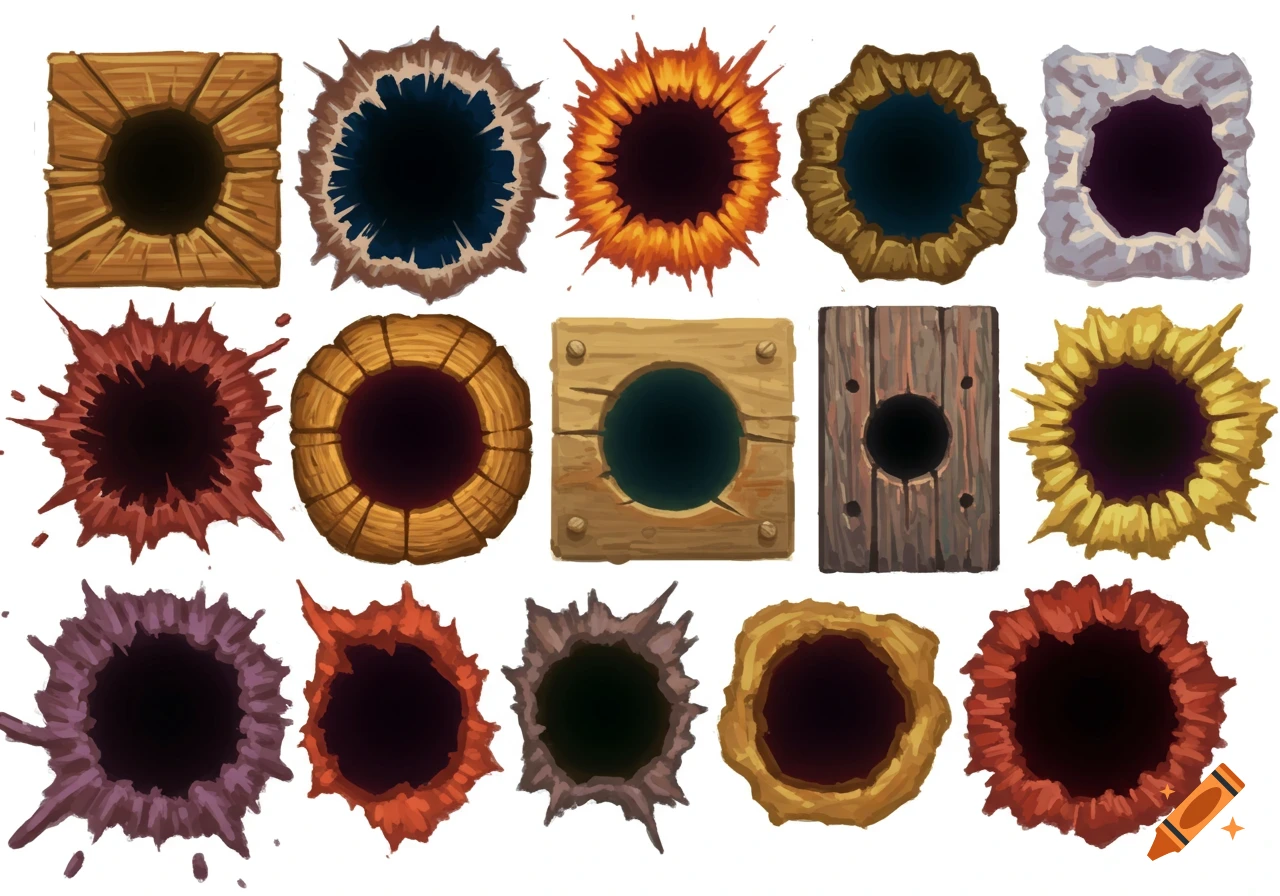 Illustrated set of various types of holes with different textures