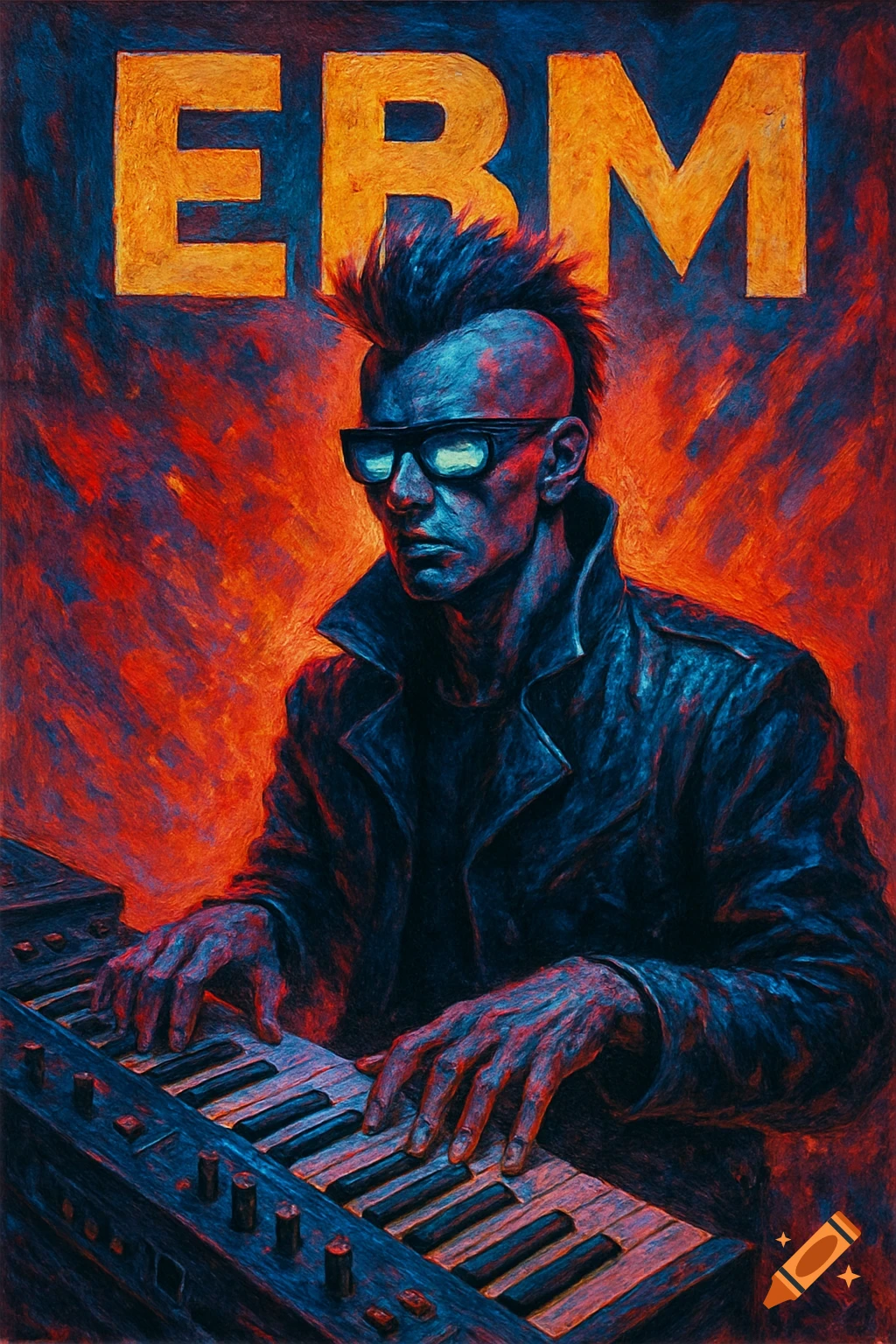 Painterly illustration of a person with a mohawk and sunglasses playing a keyboard with large EBM text above, in red and blue tones.