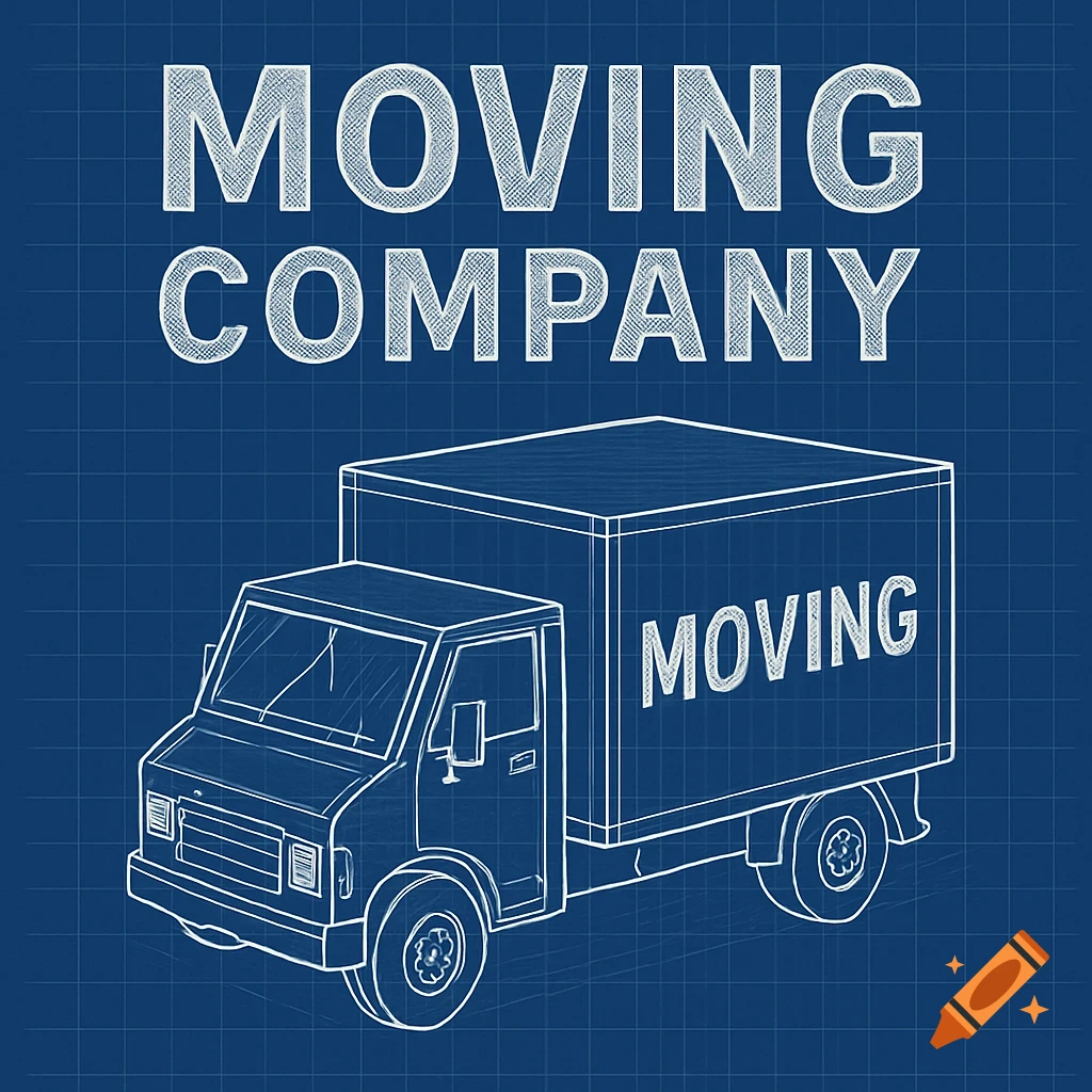 Blueprint drawing of a moving truck with the words 'Moving Company' and 'Moving'