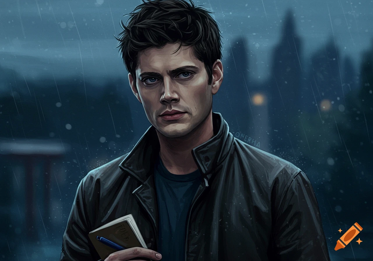 Illustration of a young man with dark hair and blue eyes, wearing a dark jacket, holding a notebook in the rain.
