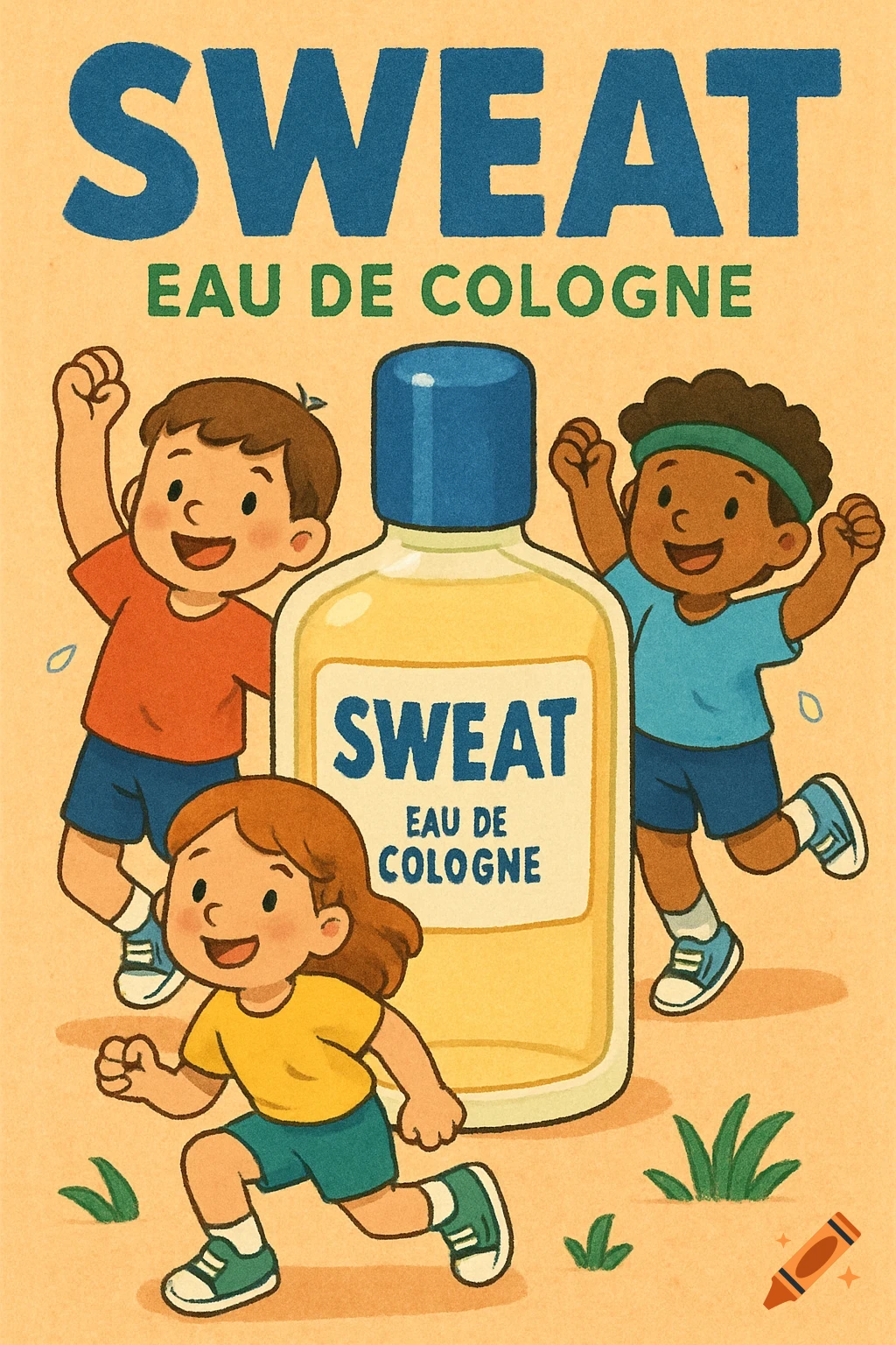 Clip art illustration of three diverse kids running around a large bottle of cologne labeled "SWEAT EAU DE COLOGNE".