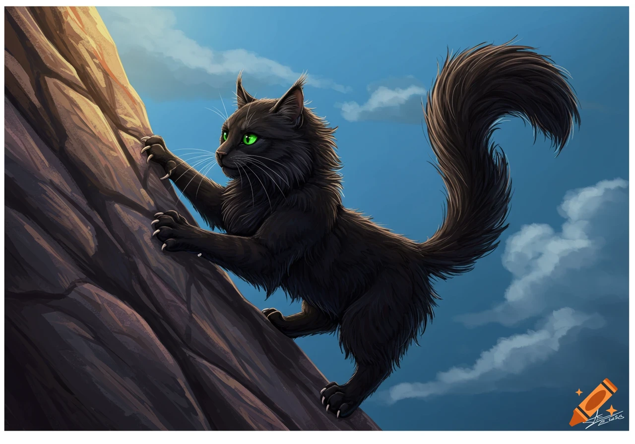 A black cat climbs a steep rock face, claws dug in, looking upwards.