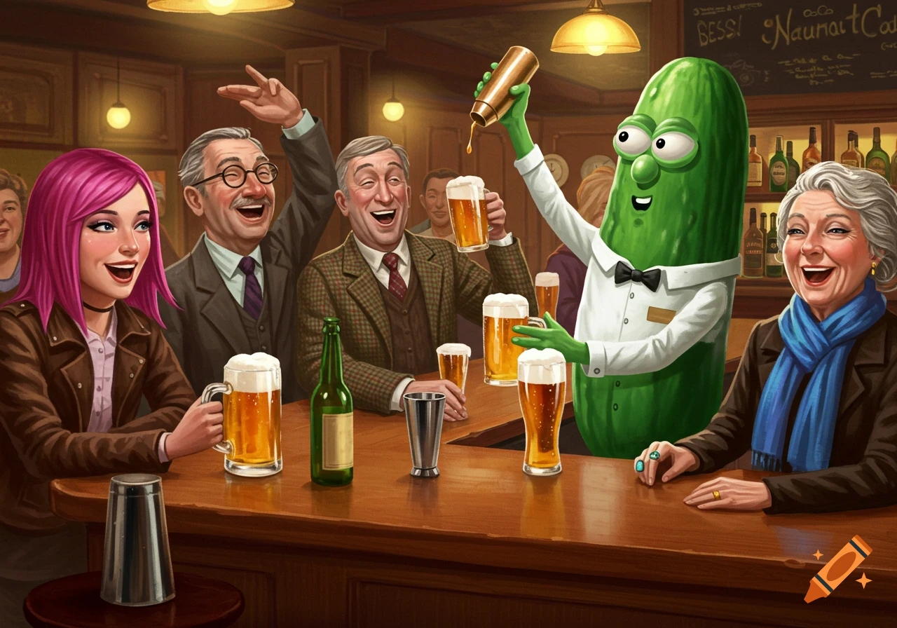 Cartoon illustration of people and a cucumber bartender drinking beer at a bar.