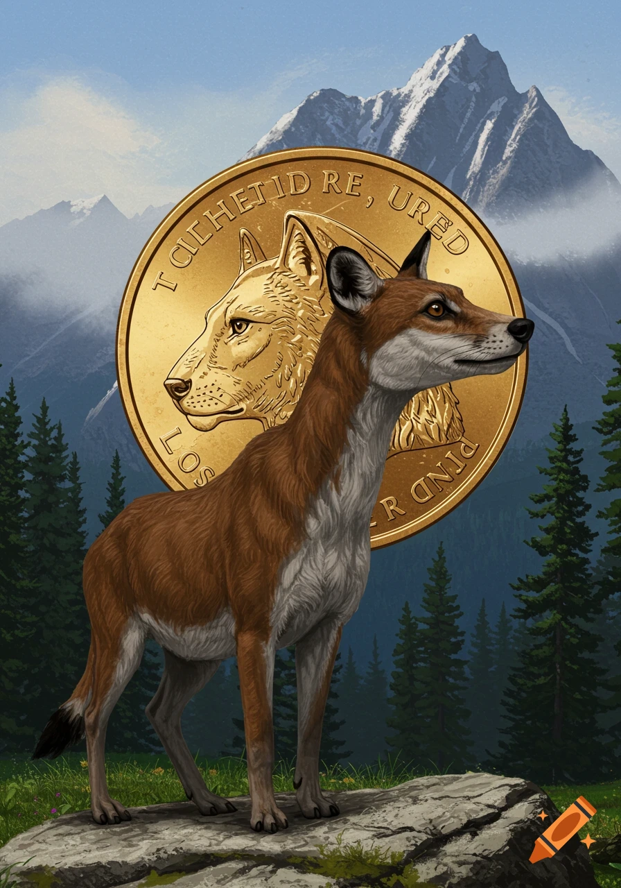 A fantasy animal stands on a rock in front of a large gold coin with animal heads, mountains in the background.