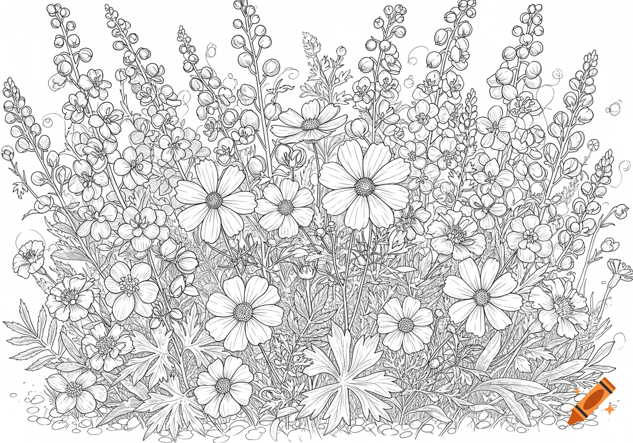 Line drawing of various flowers including cosmos and larkspur with leaves.