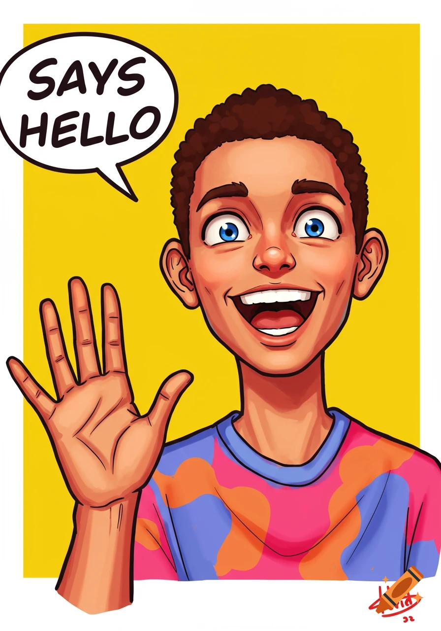 A cartoon boy with big eyes waves and says "SAYS HELLO" in a speech bubble.