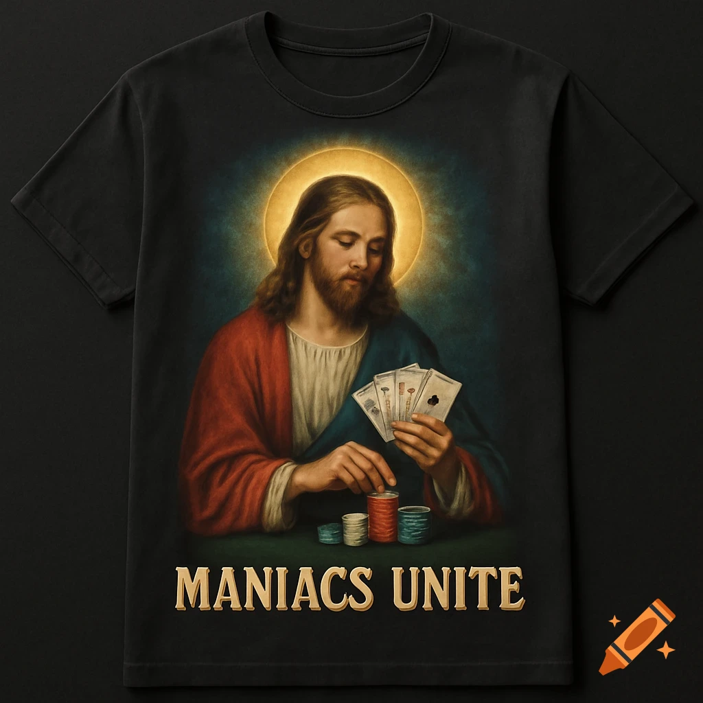 A black t-shirt featuring a painting of Jesus Christ playing poker, with the text "MANIACS UNITE" printed below.