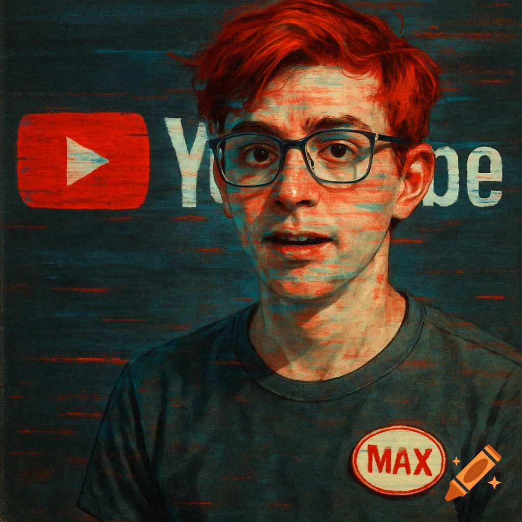 Portrait of a red-haired person with glasses, wearing a shirt with a MAX badge, against a glitched background with a YouTube logo.