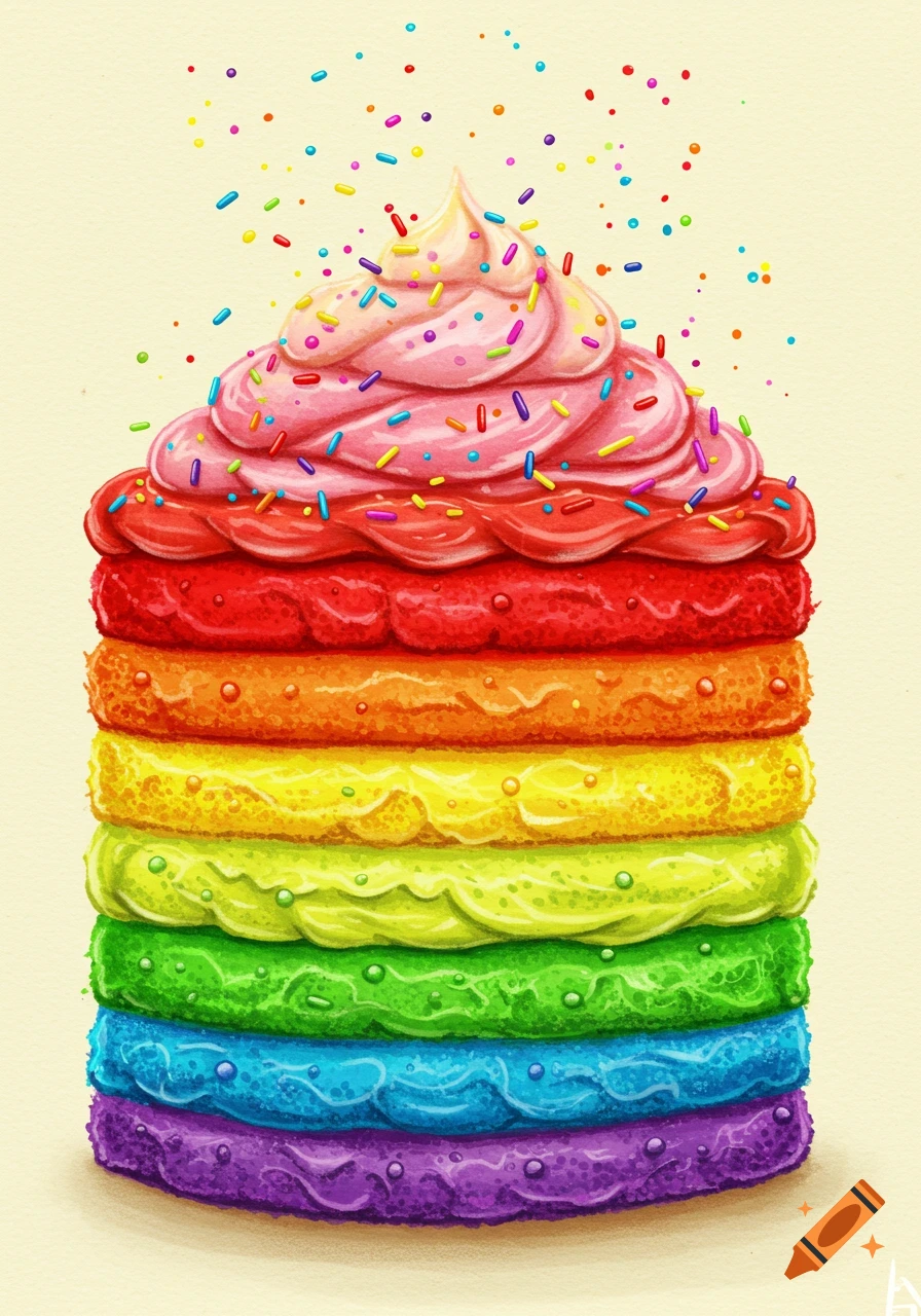 Illustration of a tall rainbow layered cake topped with pink frosting and colorful sprinkles.