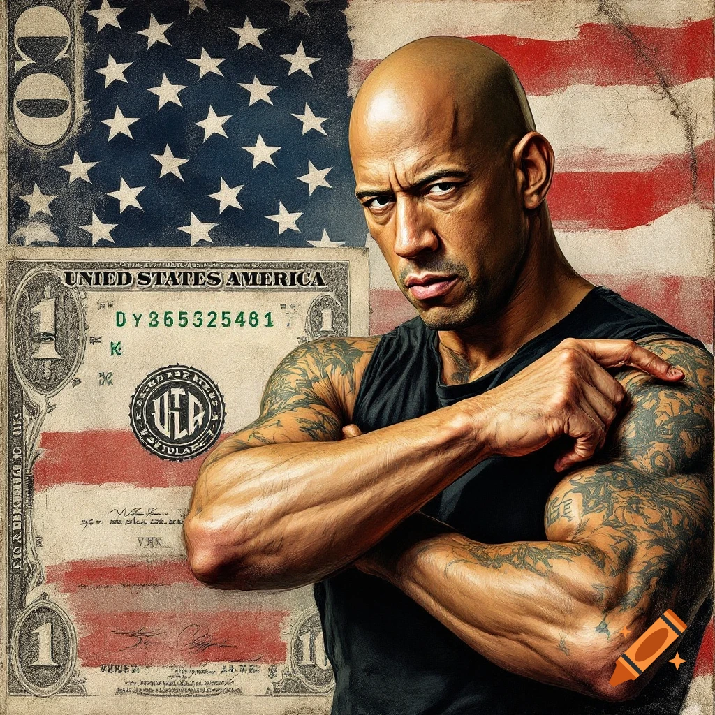 Muscular person with tattoos crossing arm and pointing in front of a large US dollar bill and American flag.