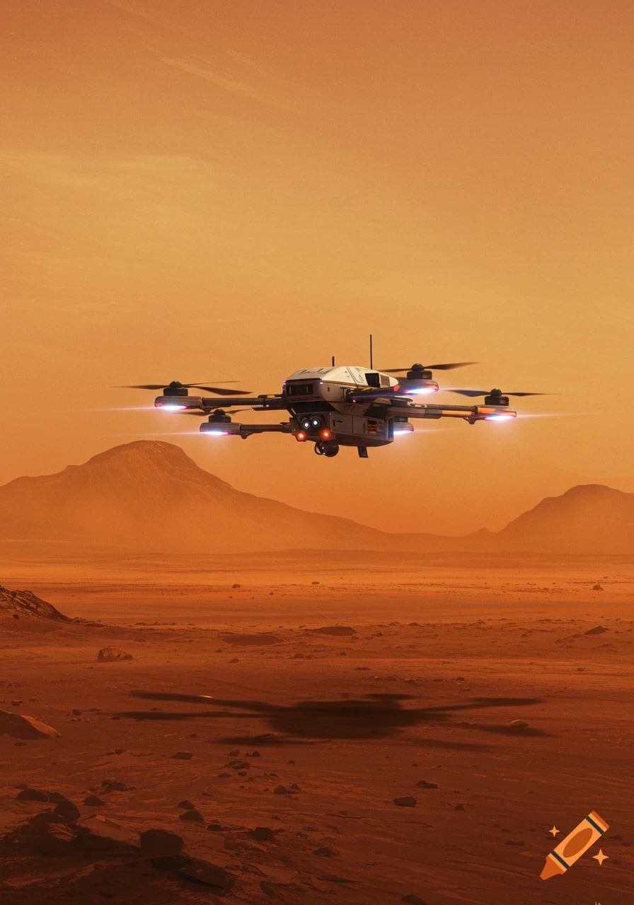 A drone flies over a rocky, orange Mars-like landscape with mountains in the distance.