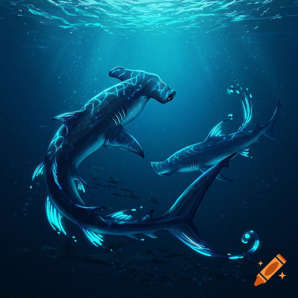 Two glowing hammerhead sharks swim in deep blue water with light rays from the surface in a digital illustration.