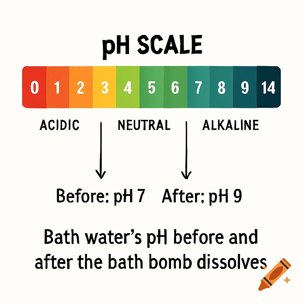 A pH scale graphic showing the scale from 0 to 14 with indicators for Acidic, Neutral (pH 7), and Alkaline. Arrows point from Neutral showing pH 7 before and pH 9 after a bath bomb dissolves.
