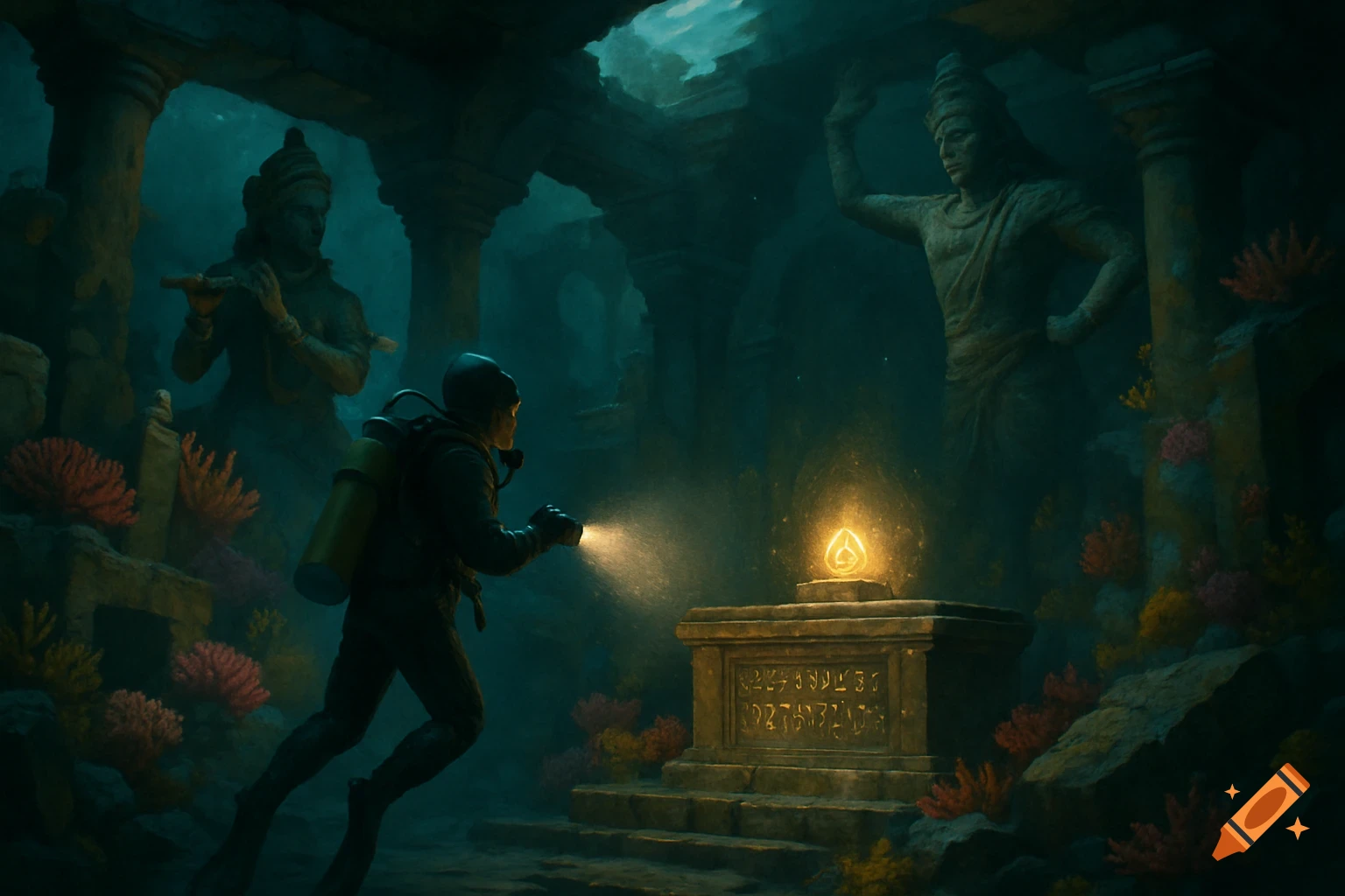 A diver shines a light on a glowing altar in dark underwater temple ruins with large statues.