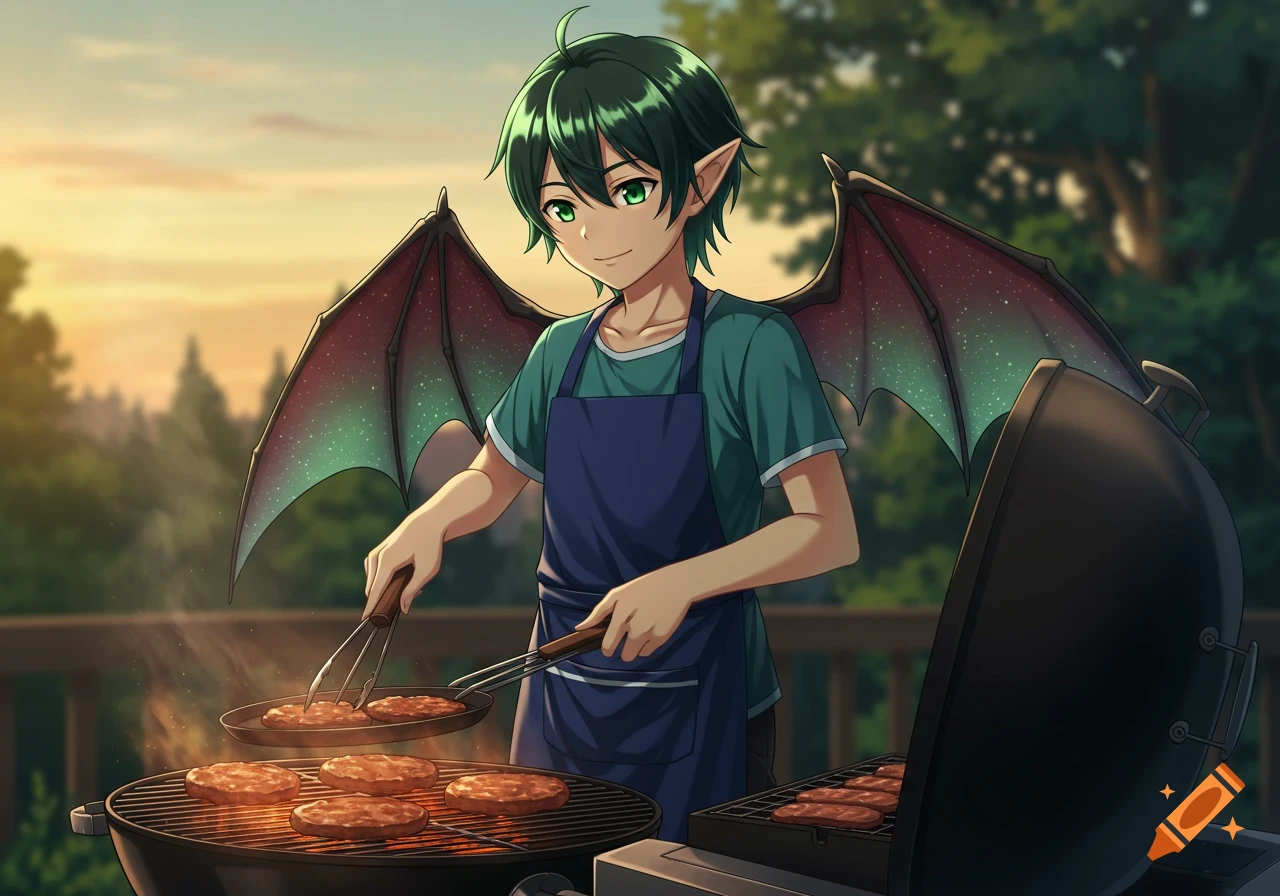 An anime style boy with elf ears and bat wings grills burgers outdoors.