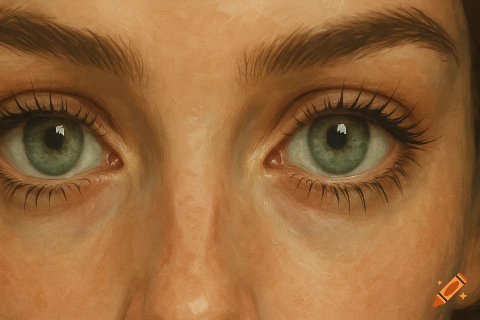 A close-up painting of green eyes with long eyelashes.
