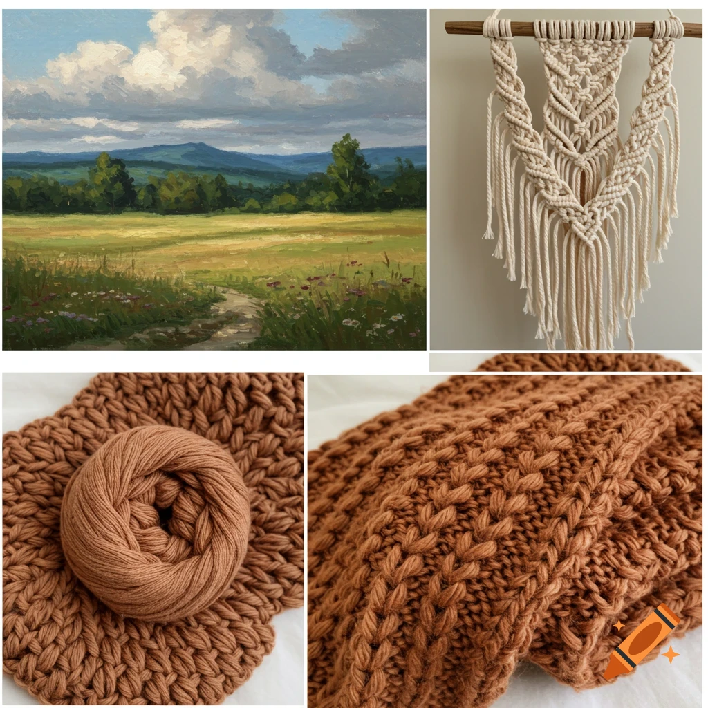 A collage featuring a landscape painting, a macrame wall hanging, and knitting with yarn.