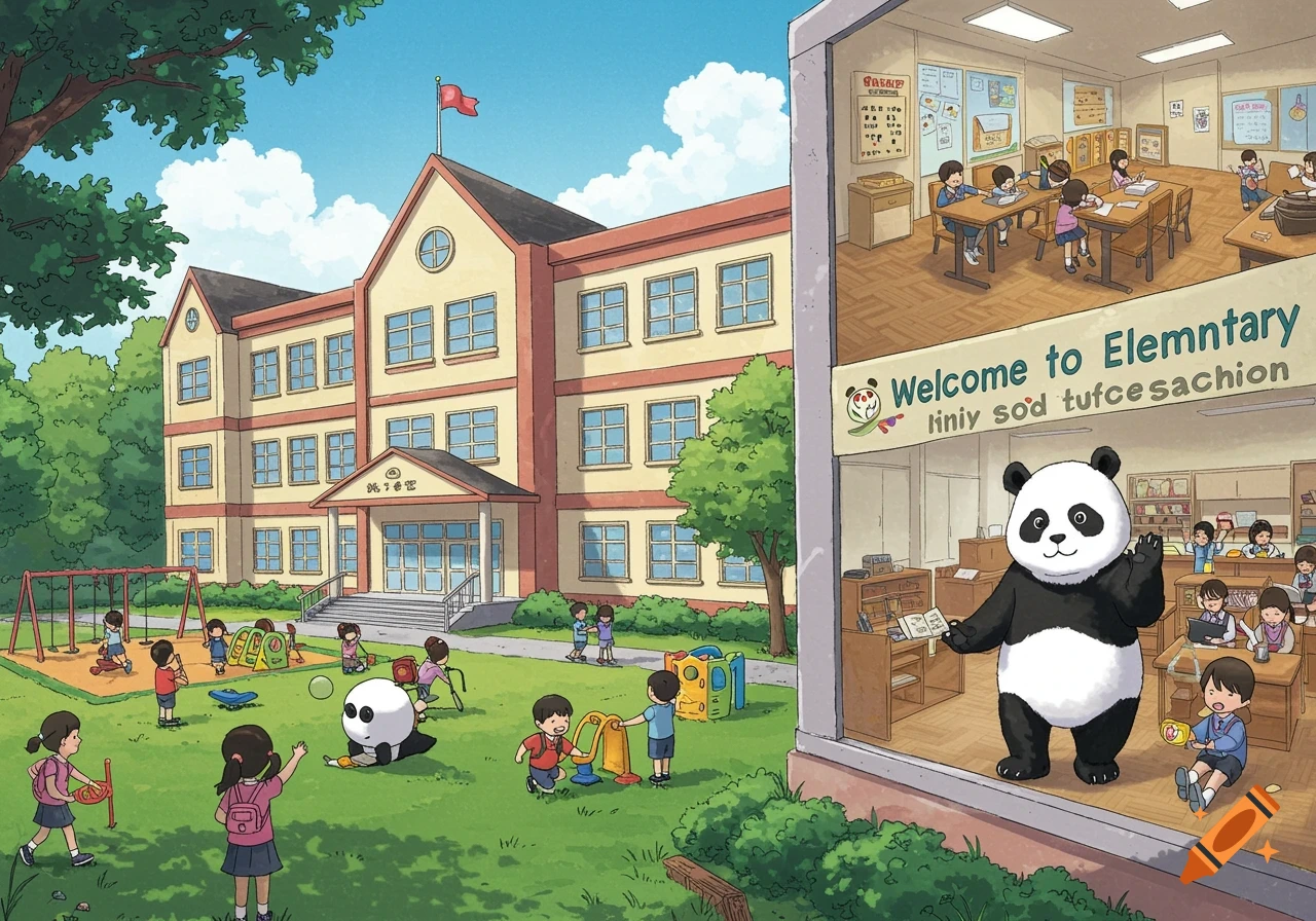 Illustration of an elementary school with children playing on a playground and a giant panda mascot waving from inside a classroom window.