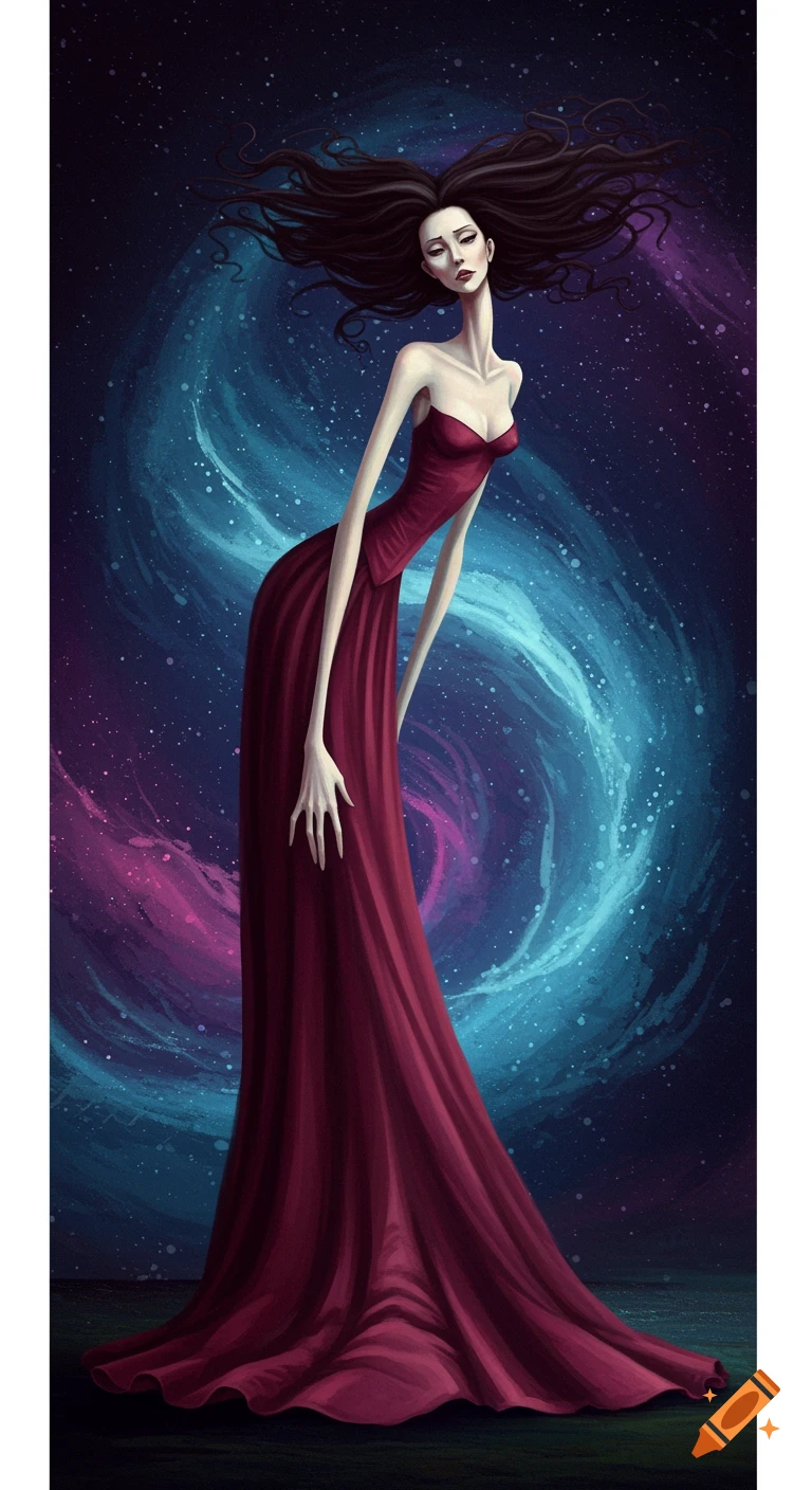 A stylized, elongated woman in a long red dress stands against a cosmic background of blue and pink nebulae and stars.