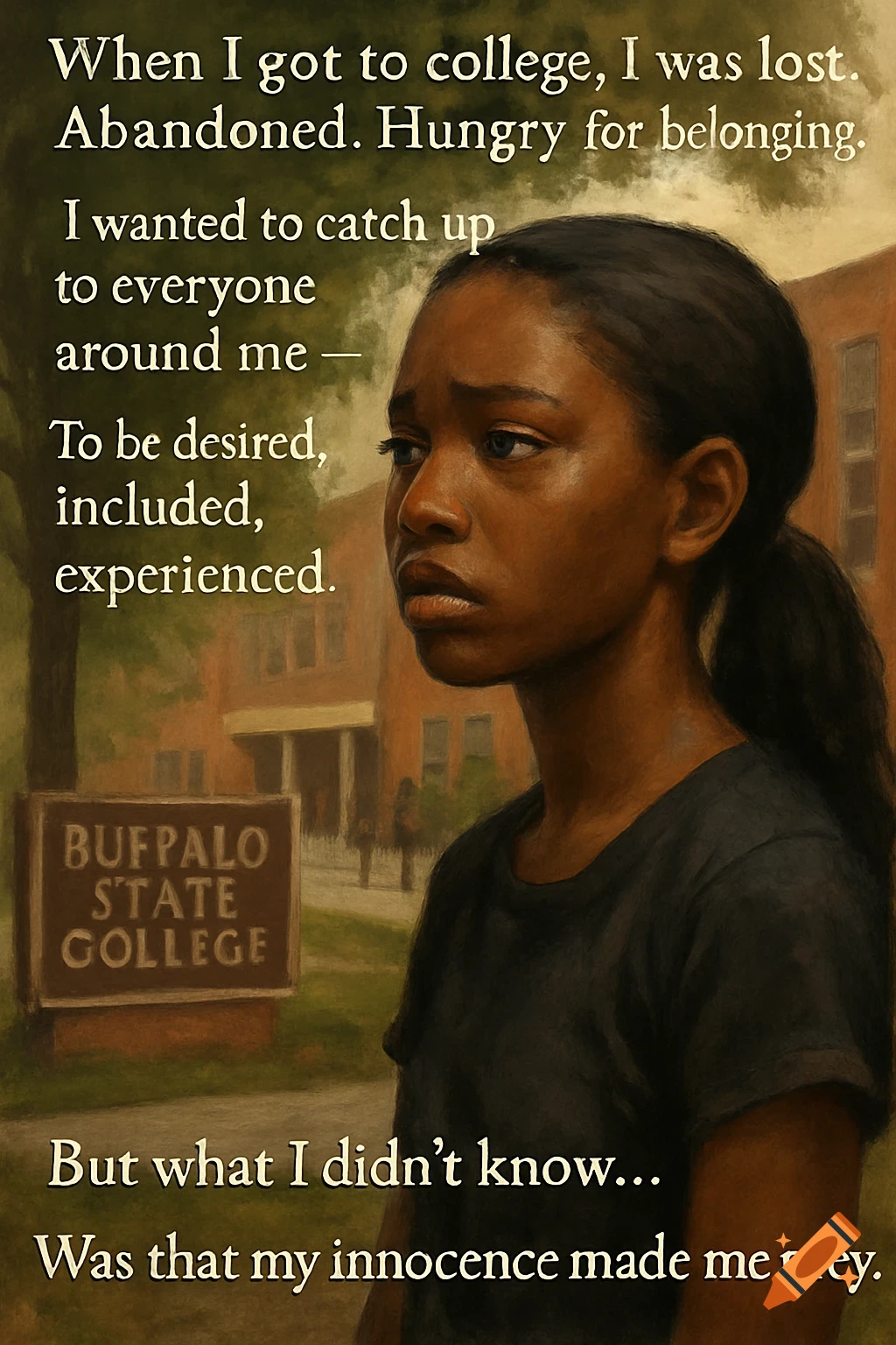 Digital painting of a sad young woman at Buffalo State College with overlaid text reflecting on college experience.