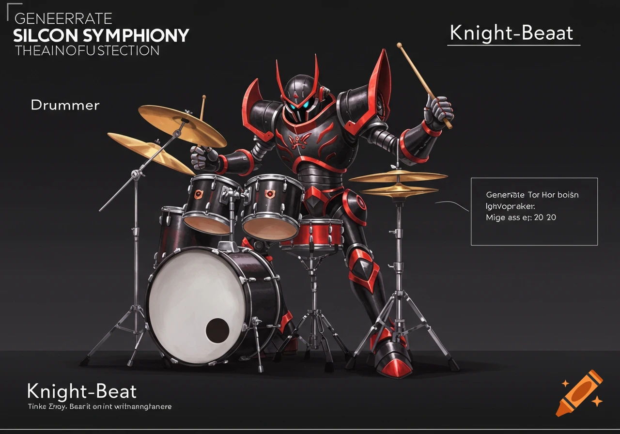A black and red armored robot plays a drum kit against a dark background.