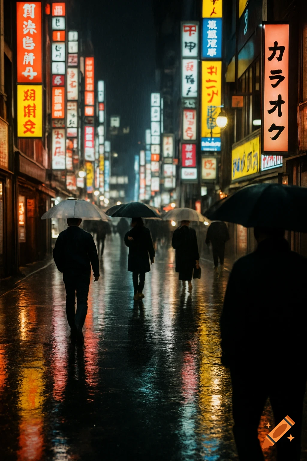 Rainy street scene in Tokyo at night with neon signs reflecting on wet pavement and people with umbrellas.