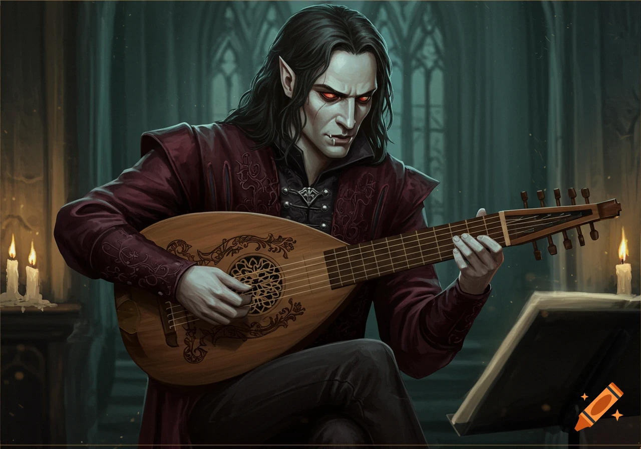 A vampire with red eyes and fangs plays a lute in a dimly lit gothic room.