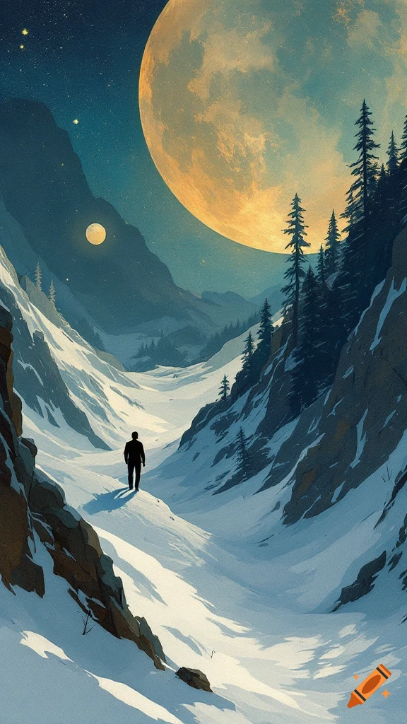 A lone figure walks through a snowy mountain valley under a giant full moon and starry sky.