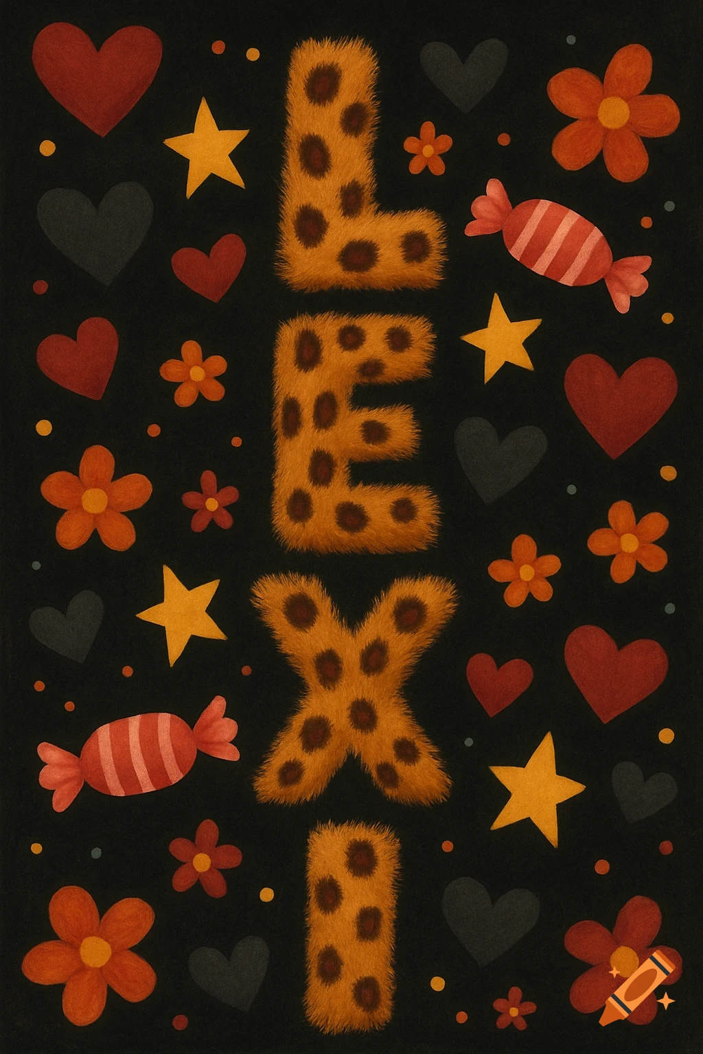 Vertical Lexi text in cheetah fur, surrounded by hearts, stars, candy, and flowers on a black background.