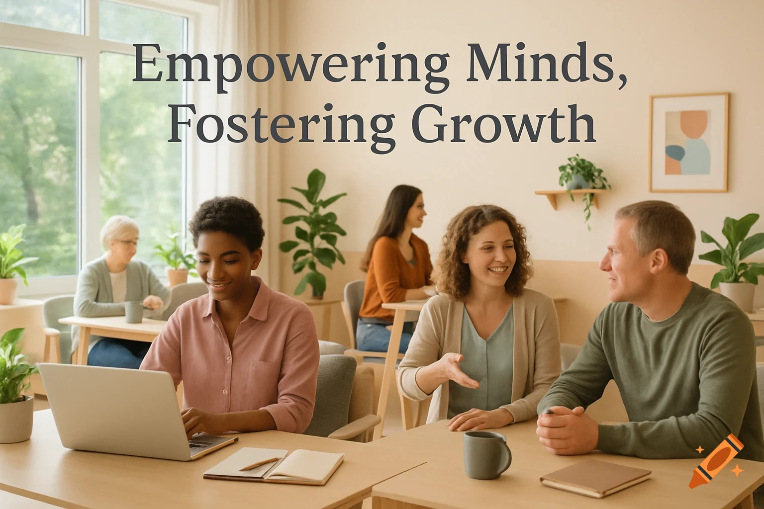 Diverse adults in a bright classroom working and talking. Text on wall says 'Empowering Minds, Fostering Growth'.