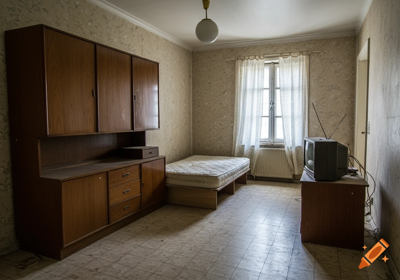 An abandoned room with a wooden cabinet, mattress on a box spring, and old television on a stand.