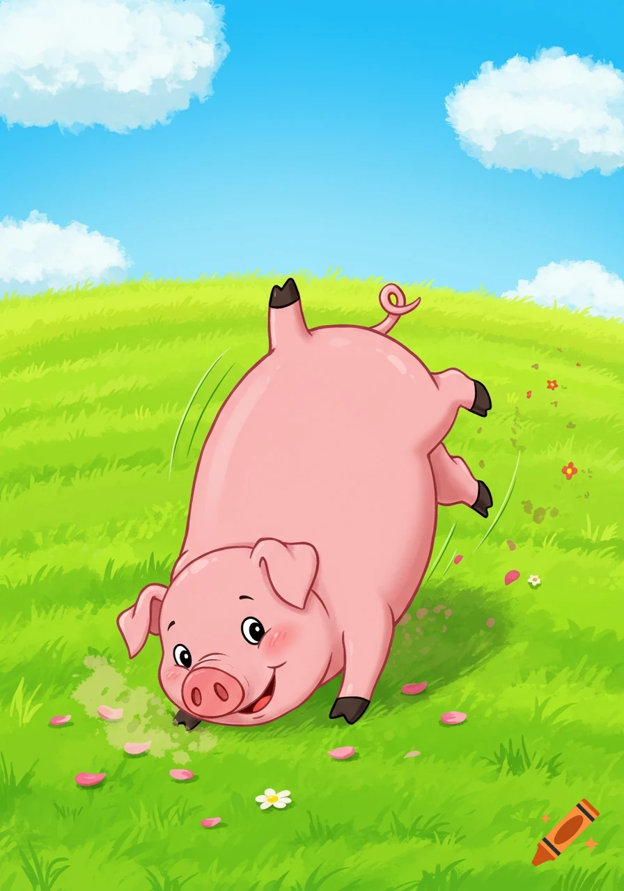 A cartoon pig rolls happily on a grassy hill.