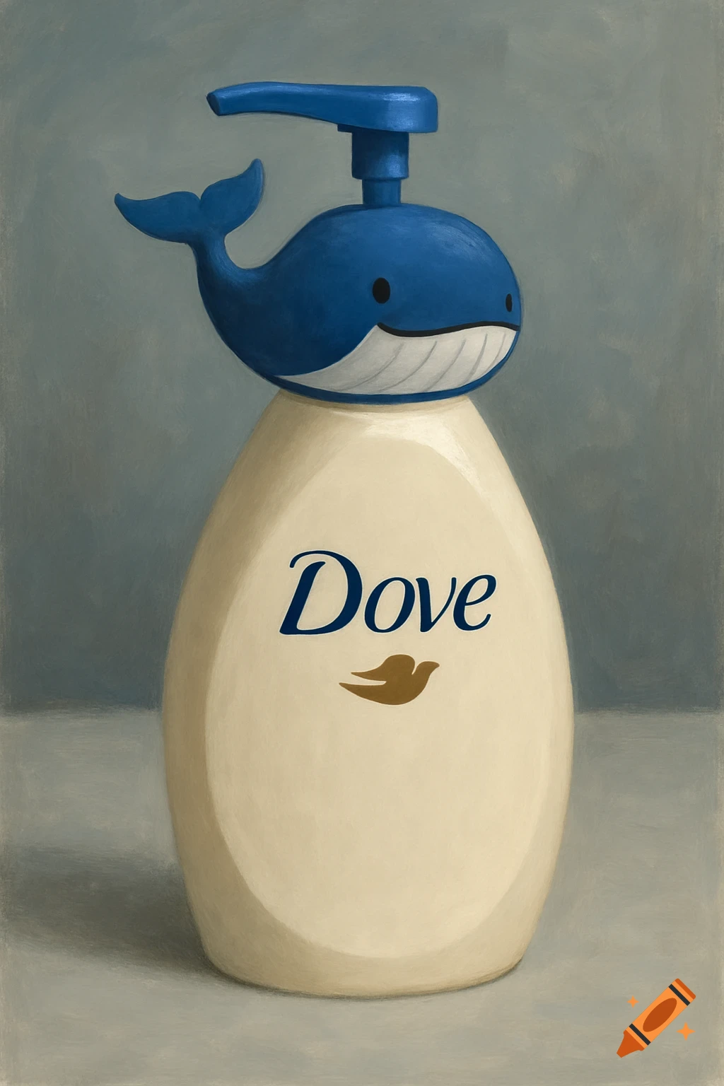 Painting of a Dove soap bottle with a blue whale pump on a table.