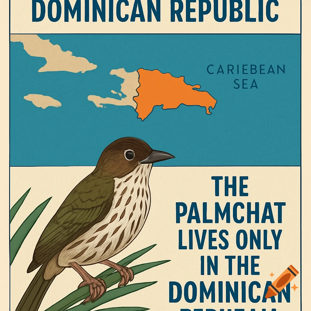 Illustration of a Palmchat bird and map of Dominican Republic in poster style