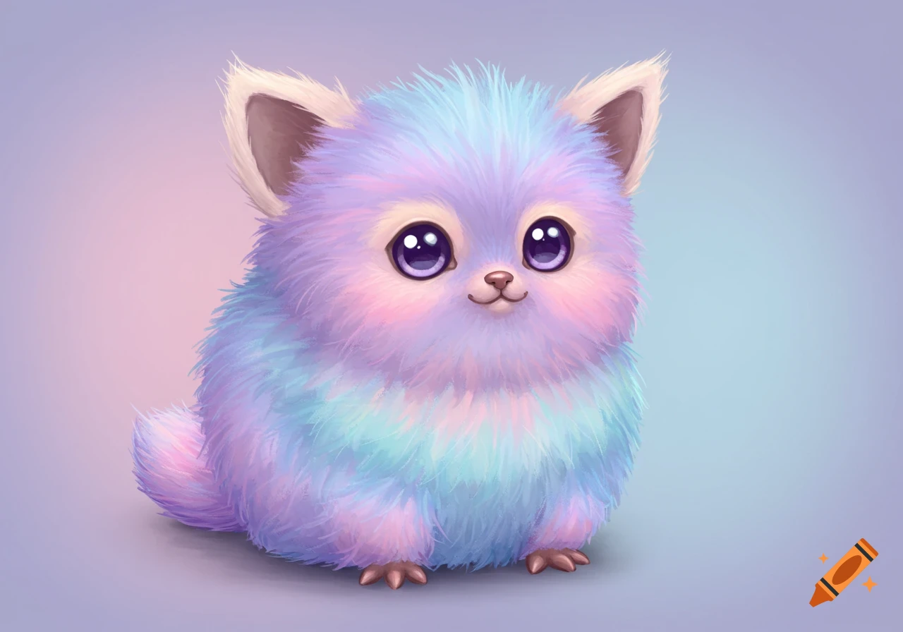A fluffy, pastel purple, pink, and blue creature with large eyes.