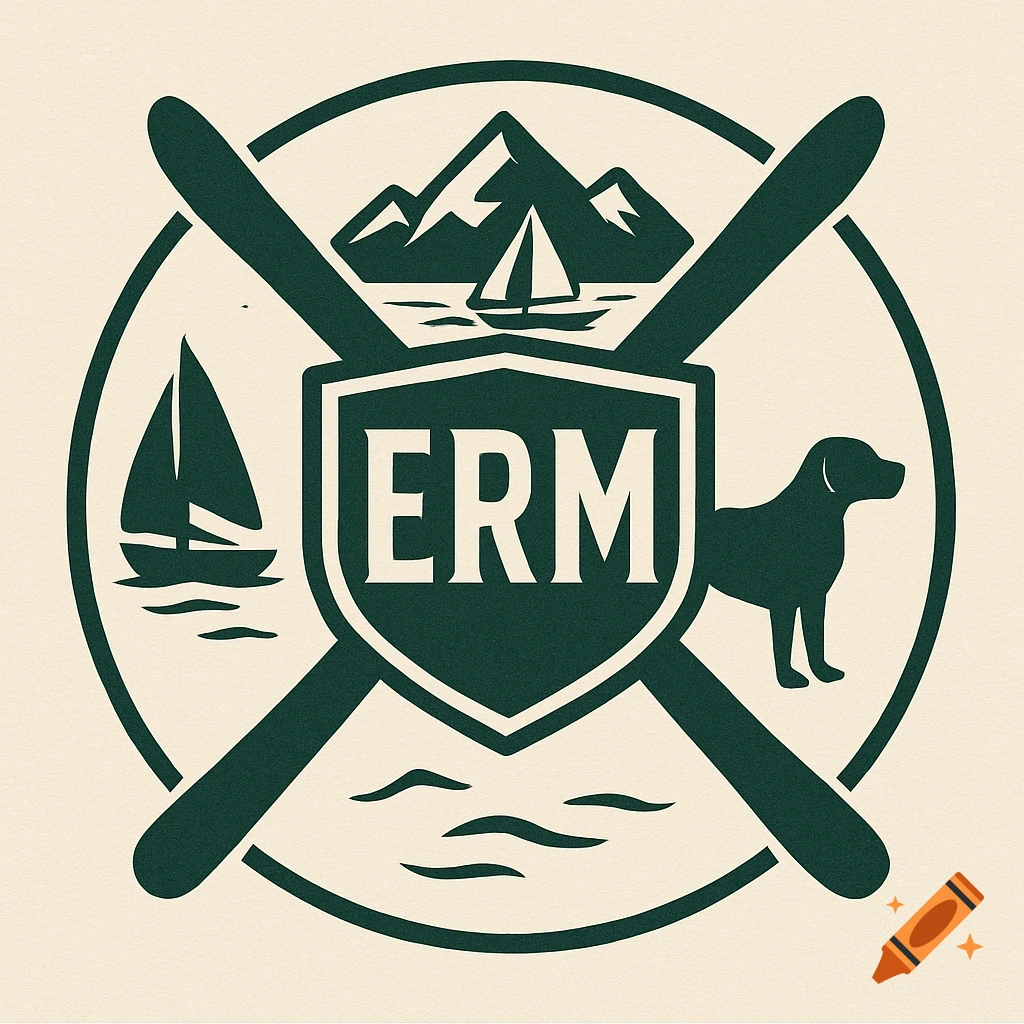 A round logo with crossed oars, a shield saying ERM, mountains, sailboats, and a dog.