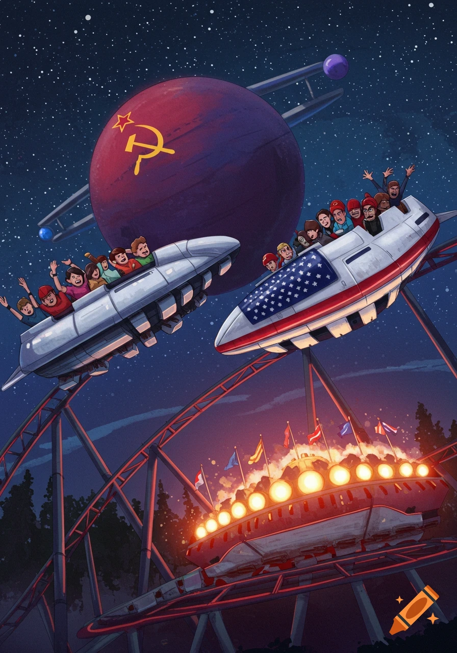 Cartoon illustration of a Cold War themed roller coaster with US and Soviet spaceship cars, a hammer and sickle planet, and riders.