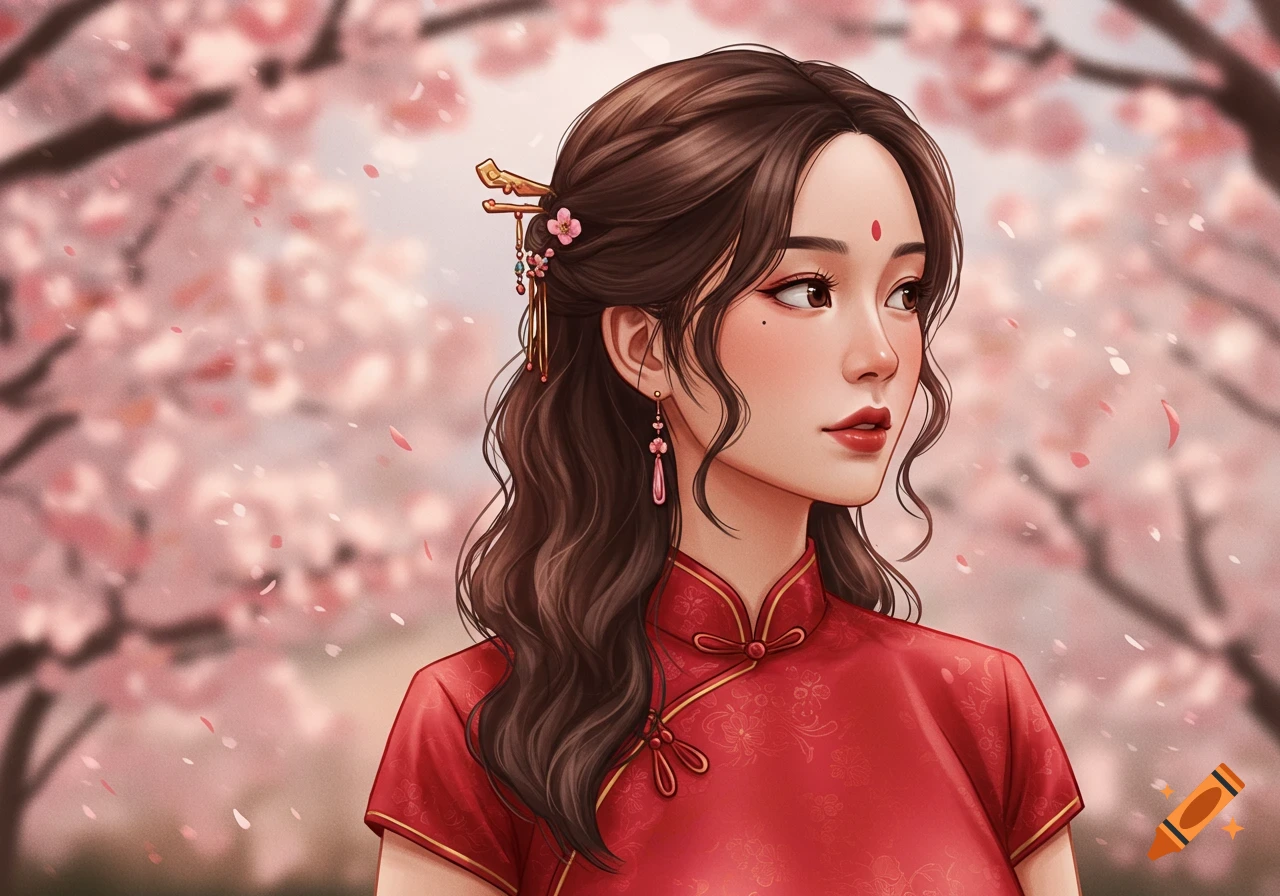 Illustrated portrait of an Asian woman in red traditional dress under cherry blossoms.