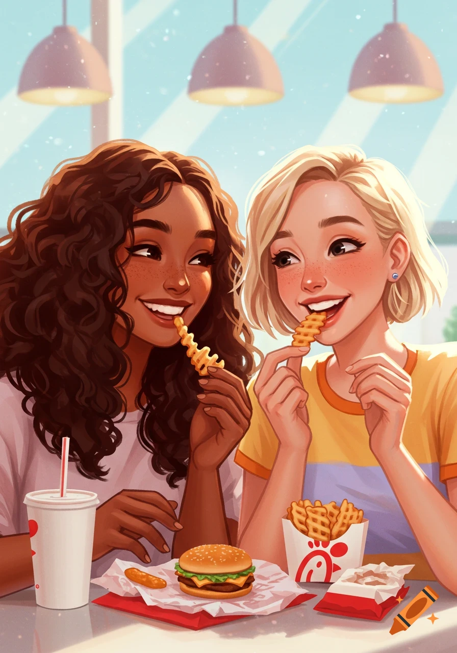 Two smiling women with wavy and blonde hair eat waffle fries and a burger at a table in a bright illustration style.