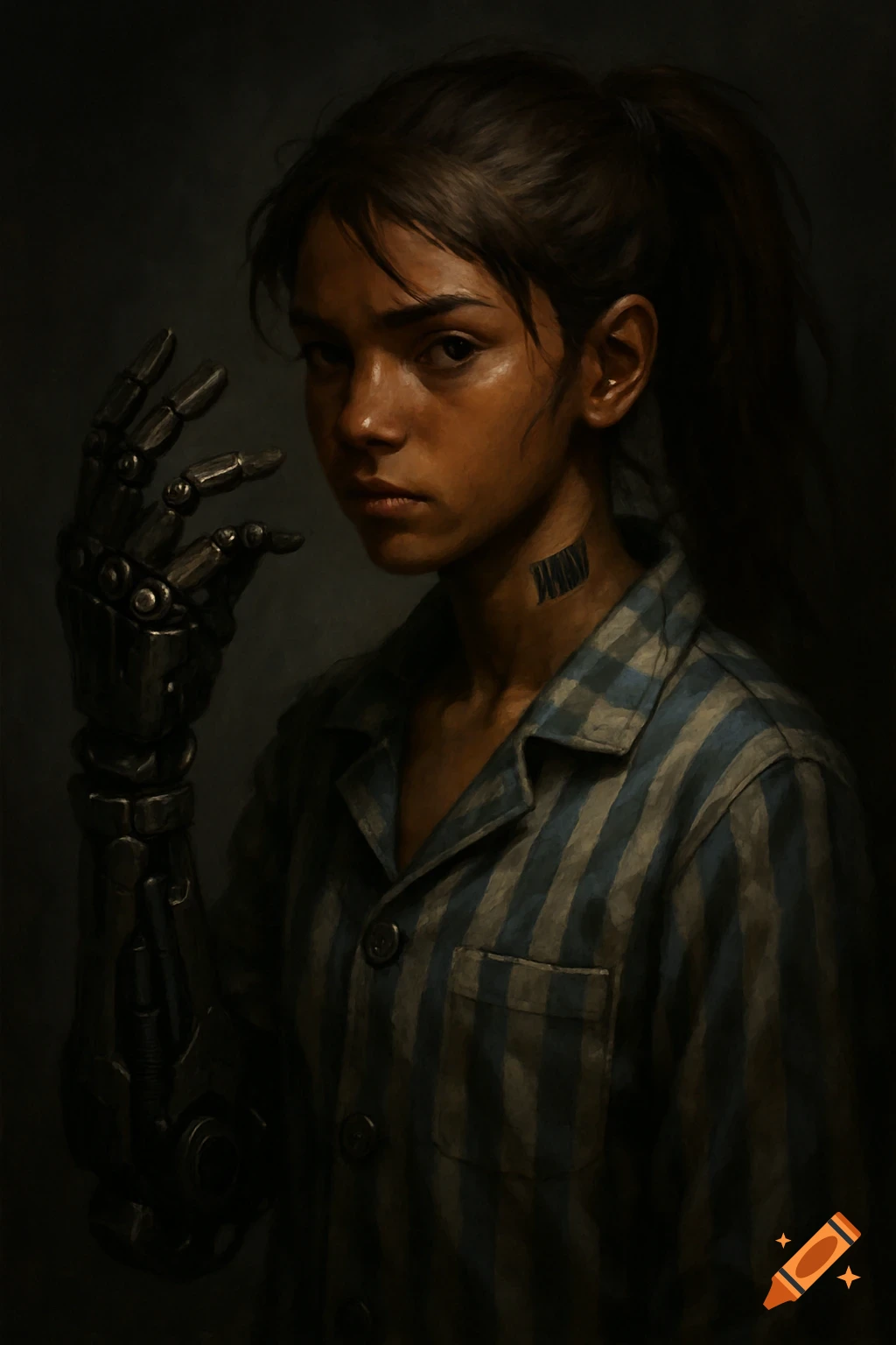Portrait of a cyborg teenage girl with a mechanical hand, wearing striped pajamas, in a dark setting.