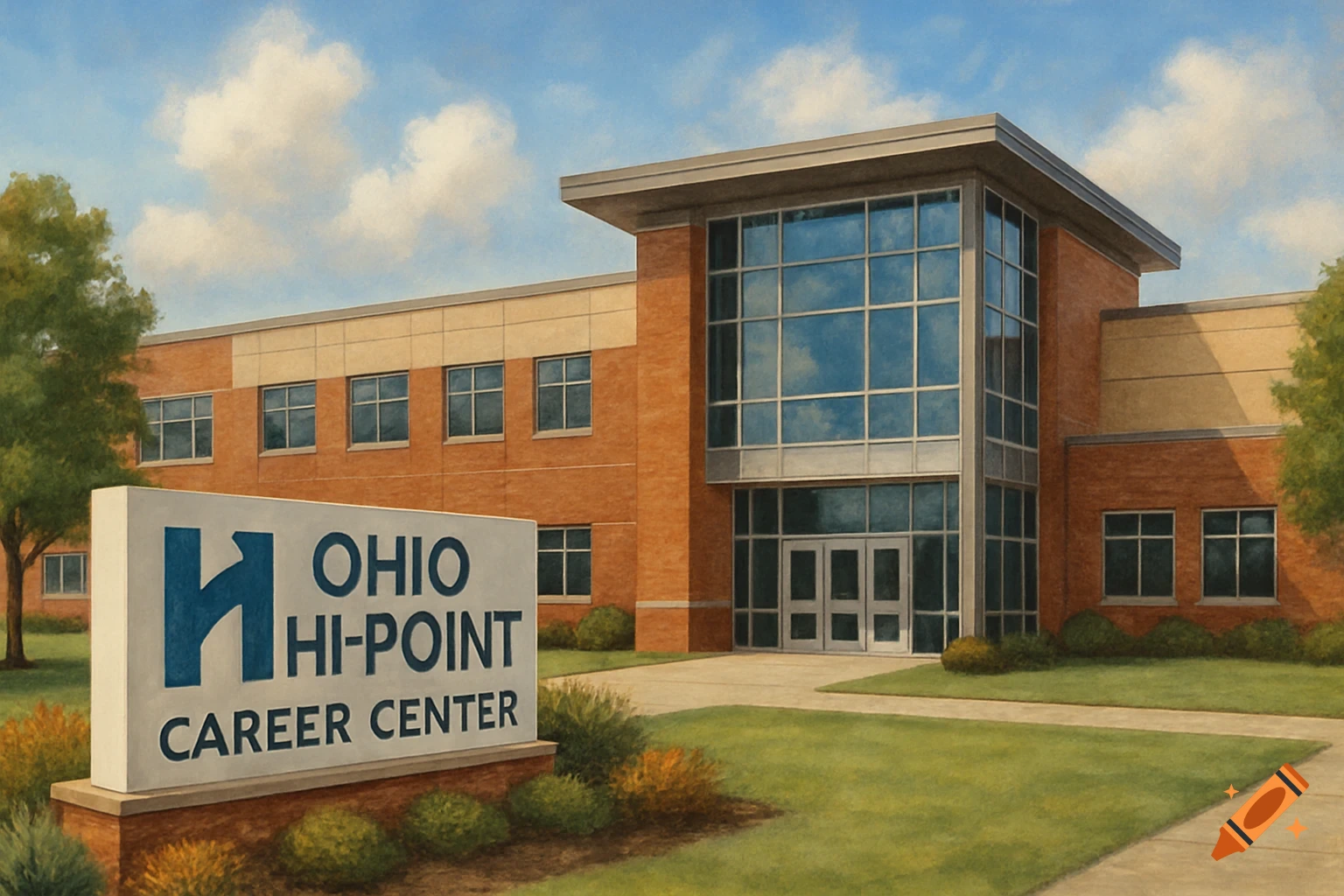 Illustration of the Ohio Hi-Point Career Center building and sign under a blue sky.