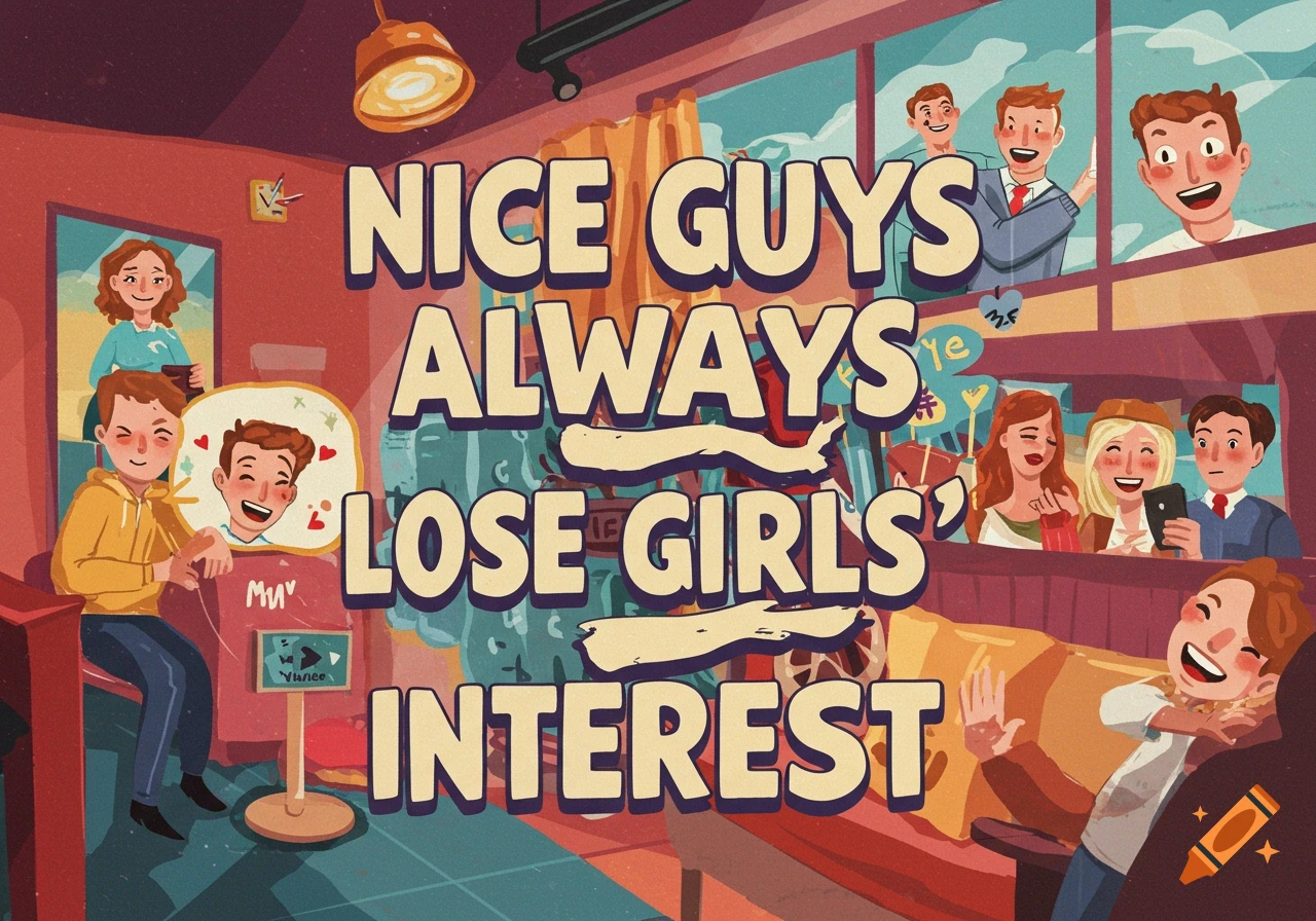Illustration of people in various social scenes with the text 'NICE GUYS ALWAYS LOSE GIRLS' INTEREST' overlaid.