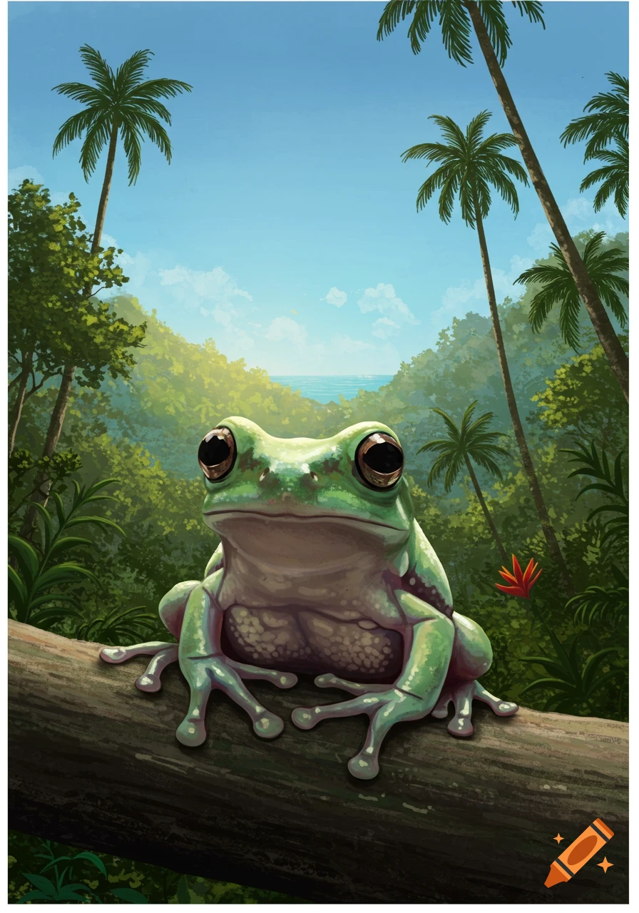 Illustration of a frog sitting on a log in a tropical jungle.