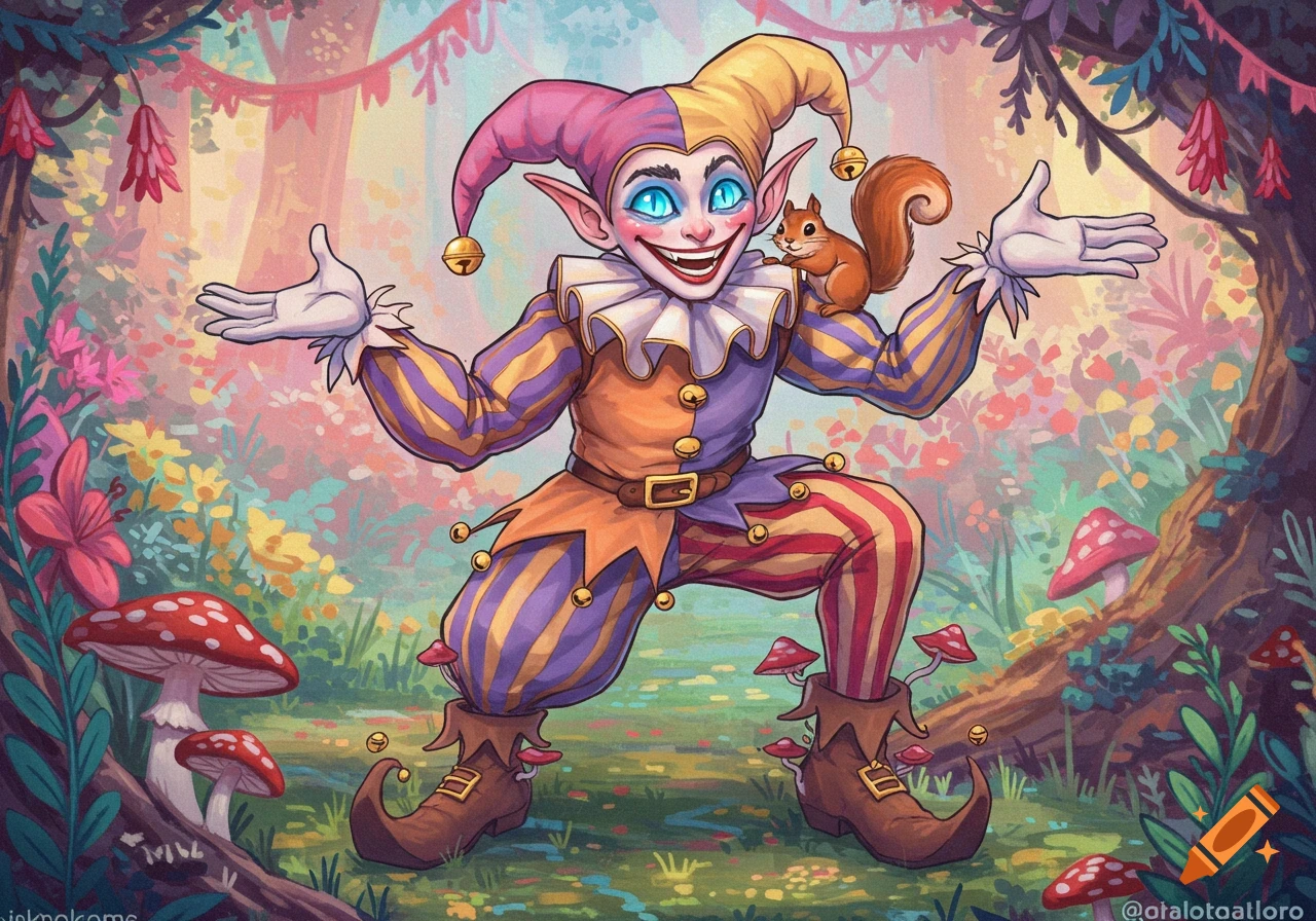 Grinning jester with a squirrel on his shoulder in a colorful fantasy forest.
