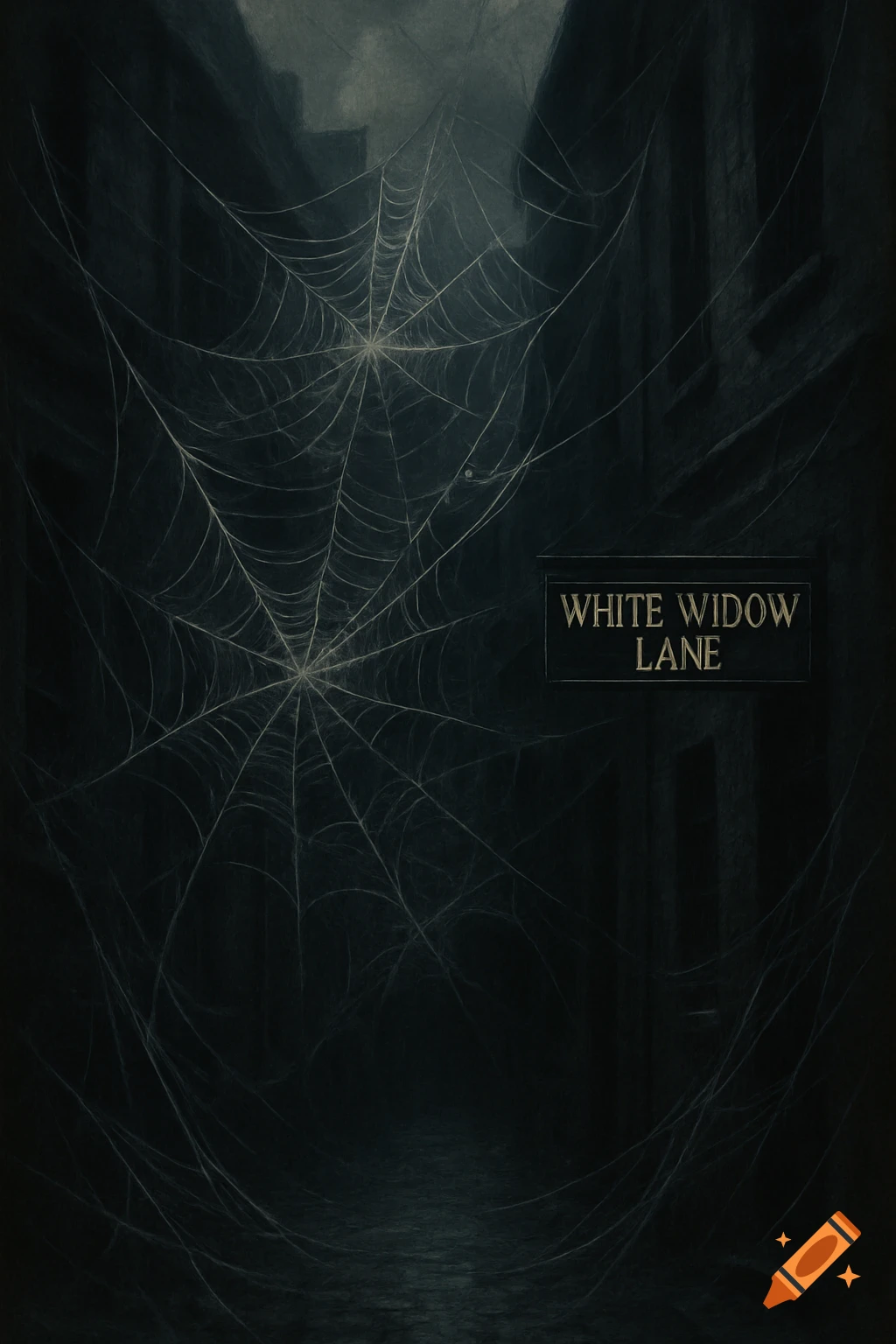 Dark alley covered in spider webs with a sign for White Widow Lane.