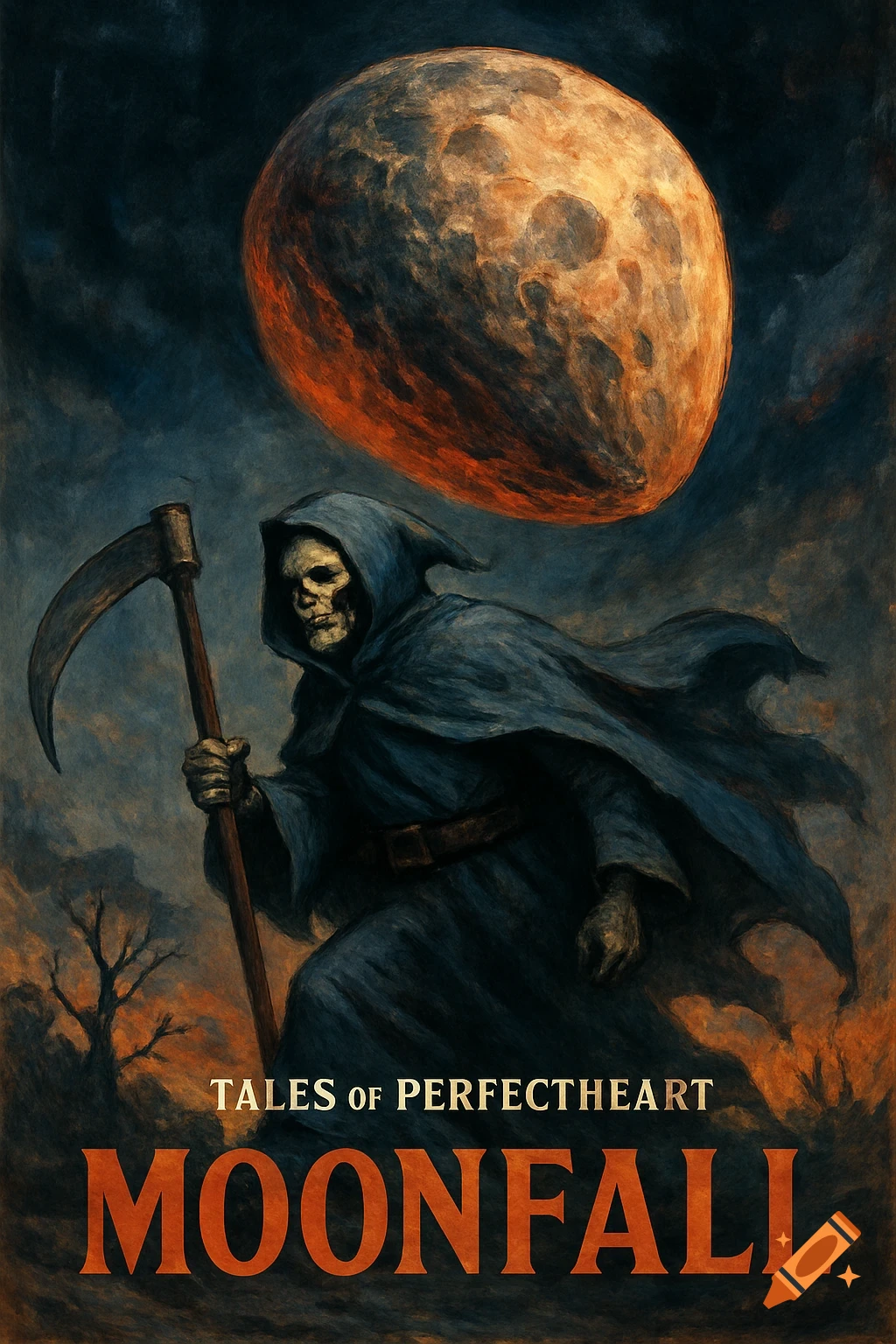 Painting of the Grim Reaper walking under a large, orange moon with 'Tales of Perfectheart: Moonfall' titles
