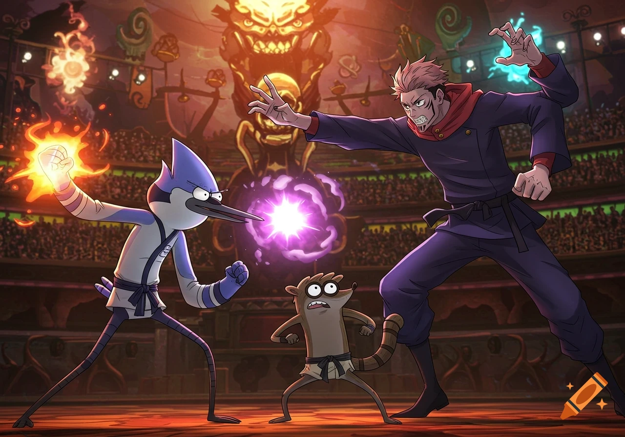 Mordecai and Rigby in martial arts outfits face Sukuna in an anime arena.
