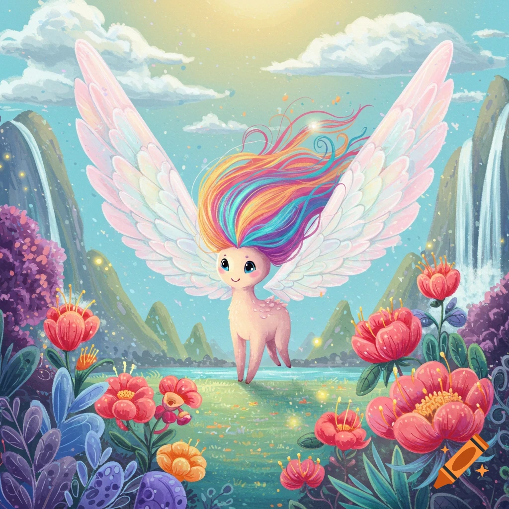 Winged creature with rainbow hair in a vibrant fantasy landscape with flowers and waterfalls, illustration.