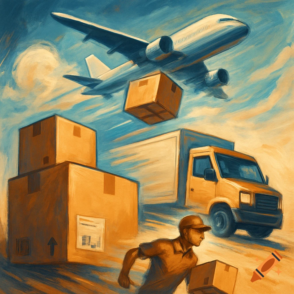 Painterly scene of airplane, truck, and person delivering packages.